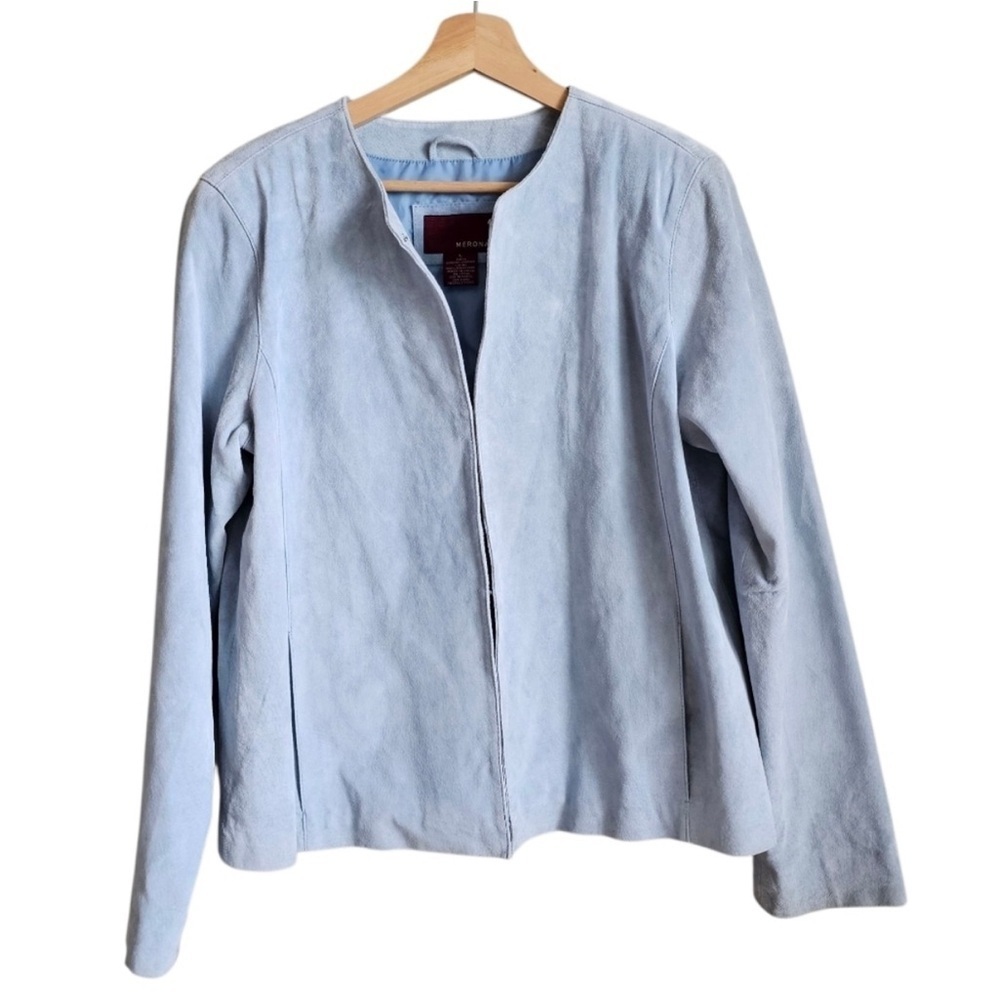⛱️🔥Vintage Merona - Icy Blue 100% Genuine Suede Leather Collarless Jacket - L